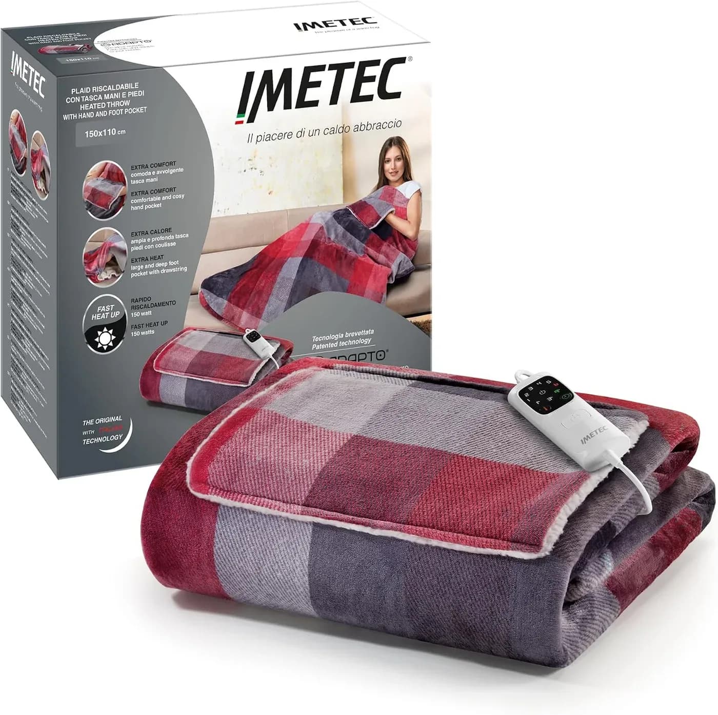 Imetec Adapto Velvet Tartan plaid chauffant 150 × 110 cm avec poche